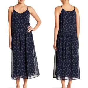 Vince Calico Floral Shirred Waist Silk Whimsigoth Blue Fairy Midi Dress Size L